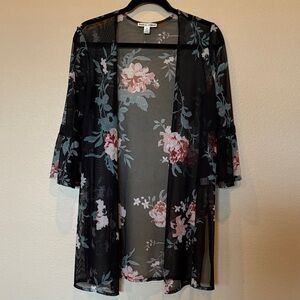 Kimono Floral Sheer Shrug Mesh Fabric Floral Print Open front Bell style sleeves